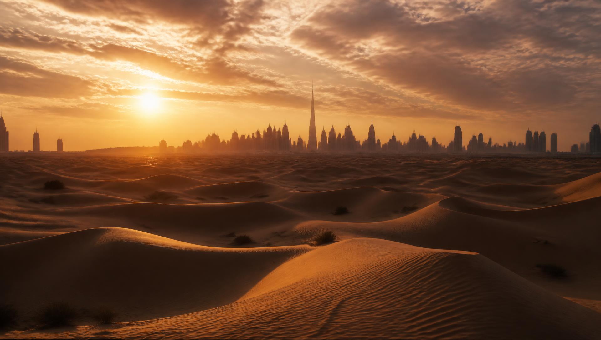Golden Arabian dunes at sunset with the Dubai skyline on the horizon