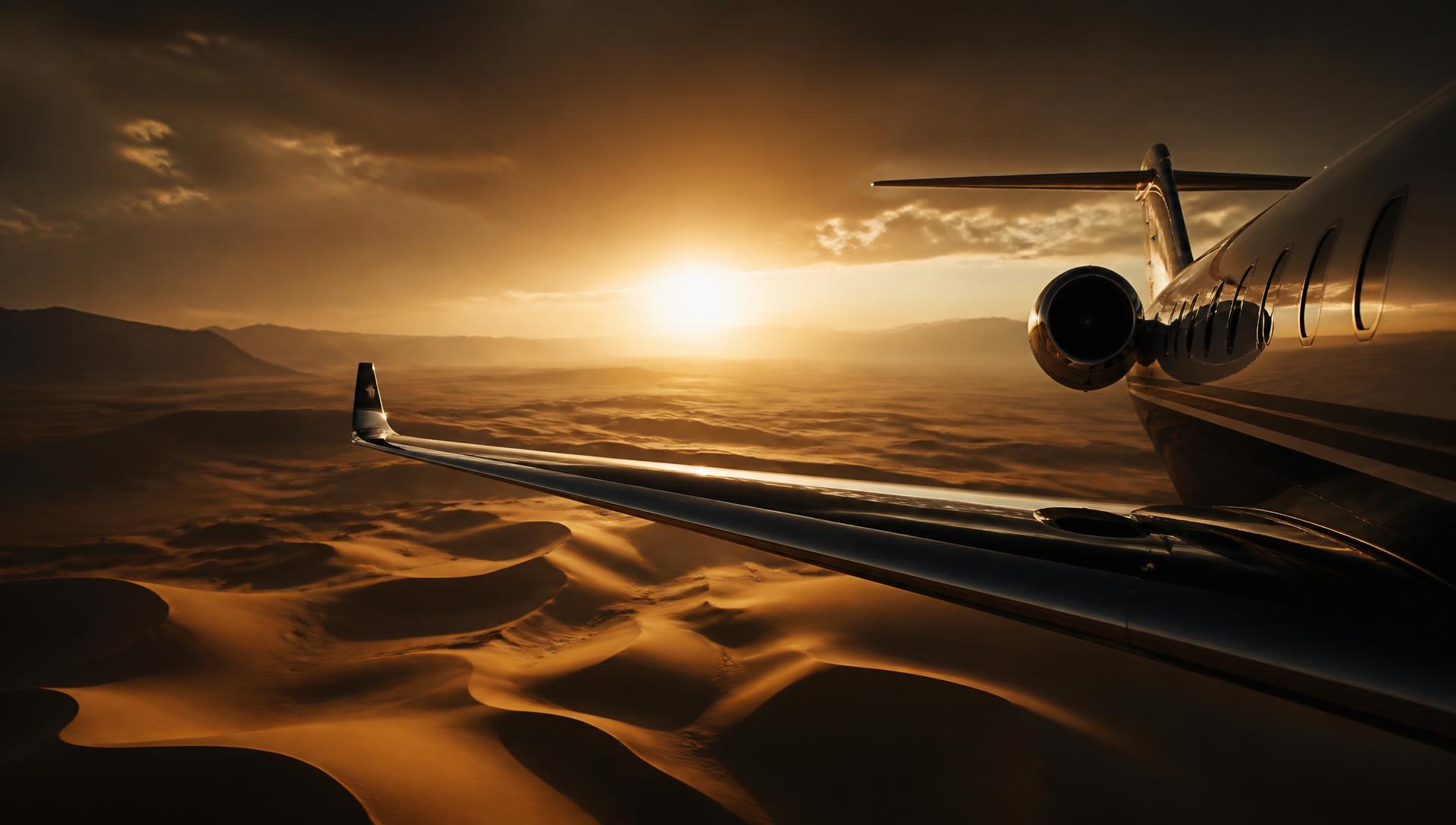 Private jet wing above golden desert dunes at sunset